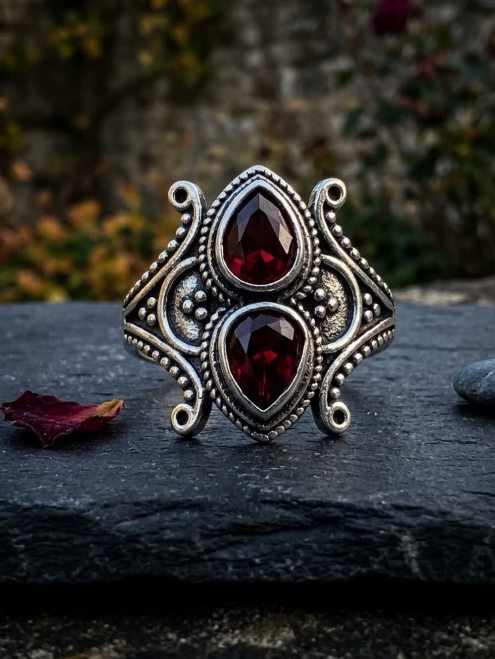 925 Sterling Silver Genuine Garnet Ring Dark Romance Gothic Boho Whimsigoth Sz 7